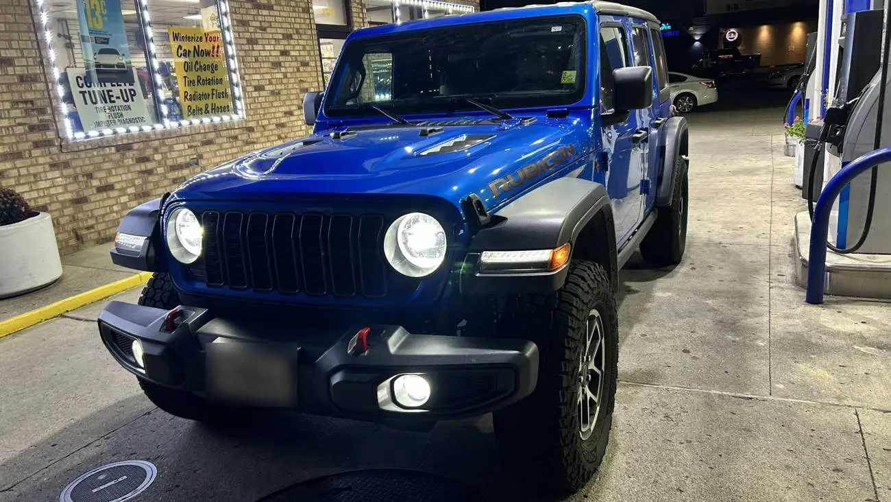 Blue Jeep Wrangler Rubicon after a detail
