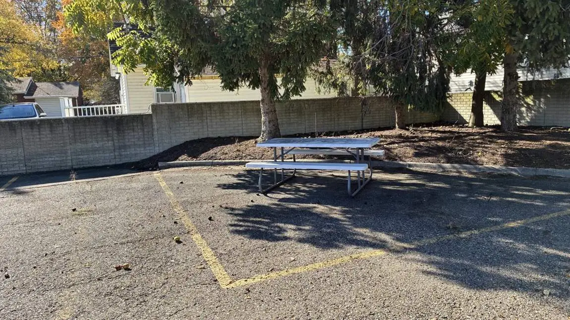 Parking lot and planting area cleared of leaves