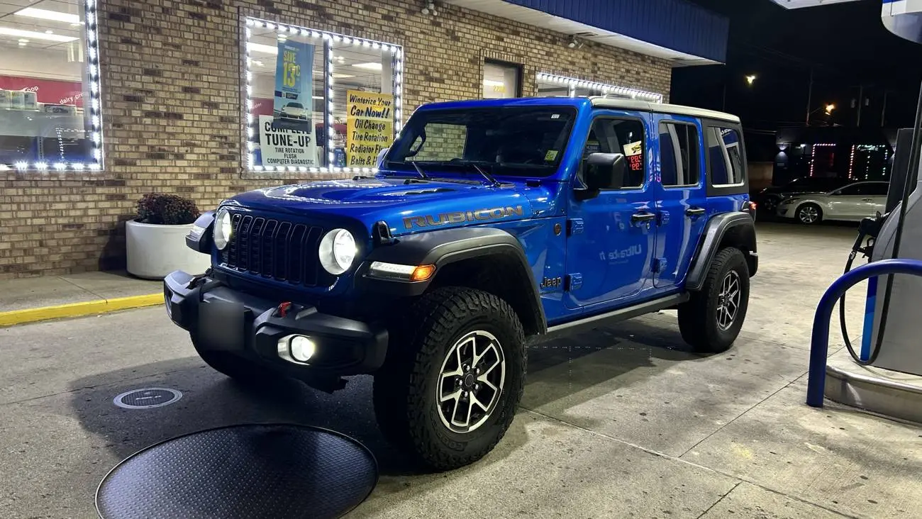 Freshly detailed blue Jeep Wrangler